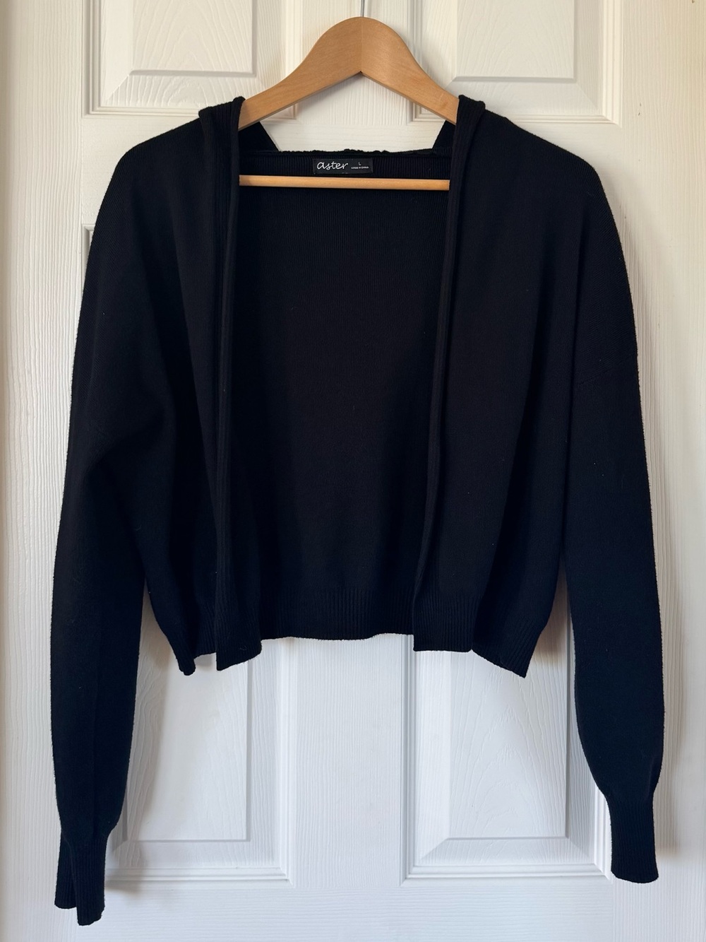 Aster Black Cropped Hooded Open Front Cardigan Sweater Size L